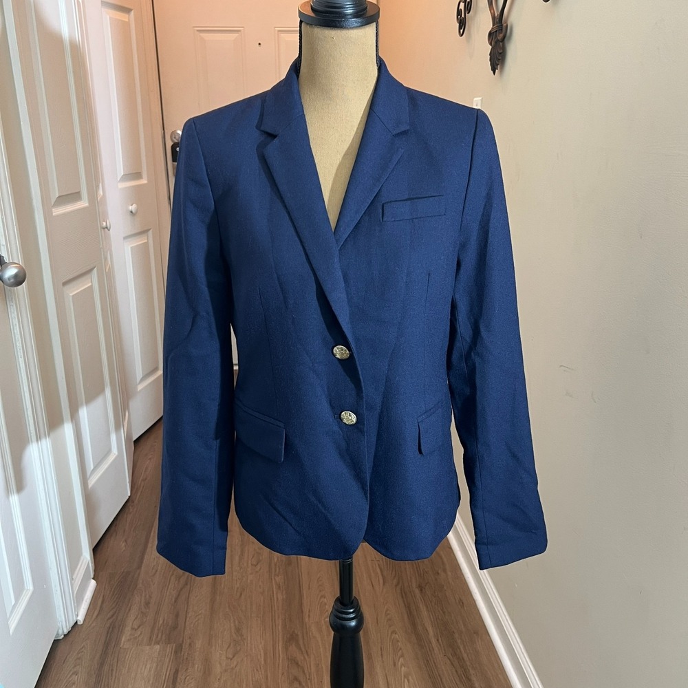 J.Crew Navy Wool Blend Blazer Gold Crest Buttons Preppy Academia Size 8